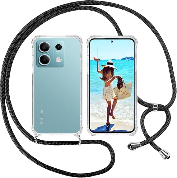 ISOI Funda con Cuerda para Xiaomi Redmi Note 13 Pro 5G, Carcasa Transparente TPU Suave Silicona Case con Correa Colgante Ajustable Collar Correa de Cuello Cadena Cordón, Negro