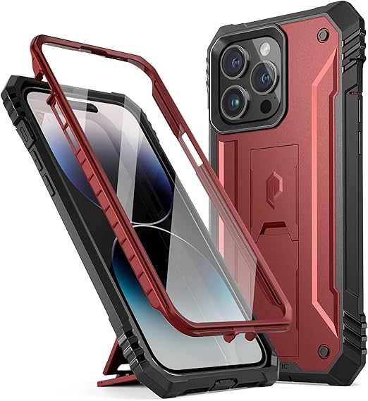 Poetic Revolution Series - Funda Compatible con iPhone 14 Pro de 6.1 Pulgadas (versión 2022), Funda Protectora Resistente a Prueba de Golpes con Soporte y Protector de Pantalla Integrado, Color Rojo