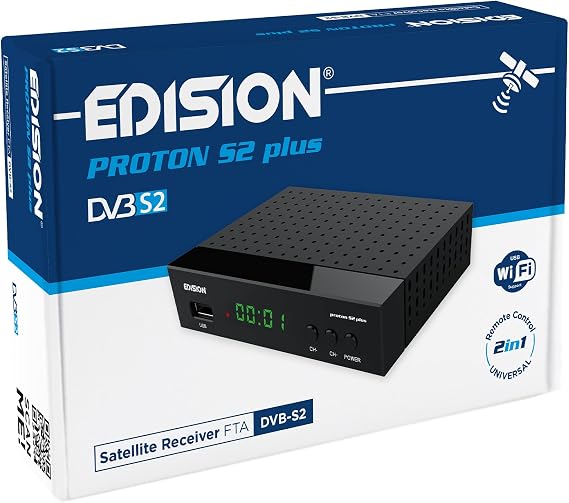 EDISION Proton S2 Plus Full HD Receptor de satélite Digital DVB-S2 FTA, Soporte Unicable, Soporte USB WiFi, LAN, HDMI, SCART, SPDIF, USB, IR, Lector de Tarjetas, Mando a Distancia Universal 2en1