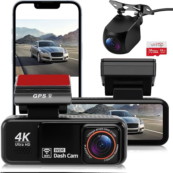 Cámara para coche Dashcam delantera y trasera 4K+2K con tarjeta SD de 64 GB ADAS BSD WiFi GPS Dashcam con gran angular de 170°, sensor G, visión nocturna, grabación en bucle, supervisión de aparcamien