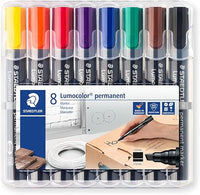 Staedtler Lumocolor 350 WP8. Rotuladores permanentes con punta biselada. Estuche con 8 marcadores de colores variados.