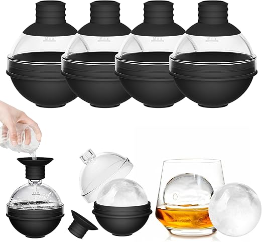 Cubiteras para Hielo Grande Redondos con Tapa de Embudo - Moldes de Silicona de 6 cm para Cubitos de Hielo para Whisky, Cócteles, Vino y Otras Bebidas - Bandeja de Hielo Circular Reutilizable (4 pcs)