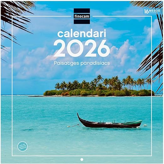 Finocam - Calendario de pared 2026 30x30 cm Mes Vista Enero - Diciembre 2026 + Sep.- Dic. 2025 (4 meses) reducidos | Calendario 2026 | Imágenes Paisajes paradisíacos - Catalán