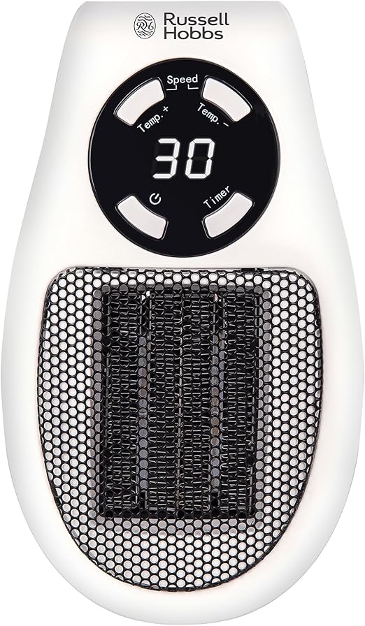 Russell Hobbs RHPH2001 Calentador de Enchufe Cerámico de 500 W, Termostato Ajustable, Temporizador de 12 horas y Pantalla LED, 2 Velocidades de Ventilador, Color Blanco