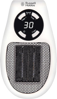 Russell Hobbs RHPH2001 Calentador de Enchufe Cerámico de 500 W, Termostato Ajustable, Temporizador de 12 horas y Pantalla LED, 2 Velocidades de Ventilador, Color Blanco