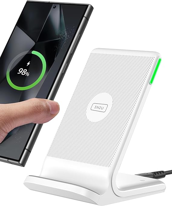 INIU Wireless Charger Stand, [Weiße, 15W] Induktive Ladestation Schnelles für iPhone 17 16 15 14 13 12 Pro Max Samsung Galaxy S23 S22 Google Pixel
