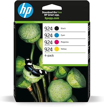 HP 924 6C3Z1NE, Pack de 4, Cartuchos de Tinta Originales Negro, Cian, Magenta y Amarillo, Compatible con impresoras OfficeJet Pro de la Serie 8120 e Impresora OfficeJet Pro de la Serie 8130