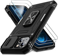 DEERLAMN Funda para iPhone 15 con Funda para cámara Deslizante + Protector de Pantalla (2 Unidades), Soporte de Anillo Giratorio, Grado Militar, a Prueba de Golpes, Color Negro