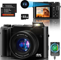 Cámara Digital 4K, 64 MP Dual Cámara Antivibración Vlogging Cámara Fotográfica con Tarjeta de Memoria de 32 GB, Zoom Digital 16X, 2 baterías y Cargador, y Cámara Compacta para Principiantes