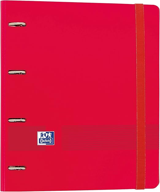 Oxford, Archivador 4 anillas plástico polyfoam con recambio y goma Oxford Live & Go, A4+ con recambio 100 Hojas, 5 bandas color y cuadrícula 5x5, color Rojo