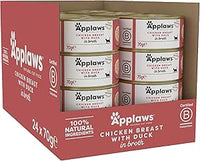 Applaws 100% naturel, poitrine de poulet et canard, nourriture humide en bouillon pour chats adultes - 24 boîtes de 70g