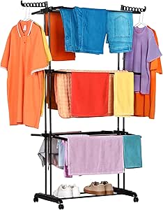 NK Tendedero Vertical Plegable con 4 Niveles - 6 Bandejas Retráctiles + 2 Alas Laterales con Soporte Perchas + Zapatero, Ruedas 360° (19m Ropa) (Negro)