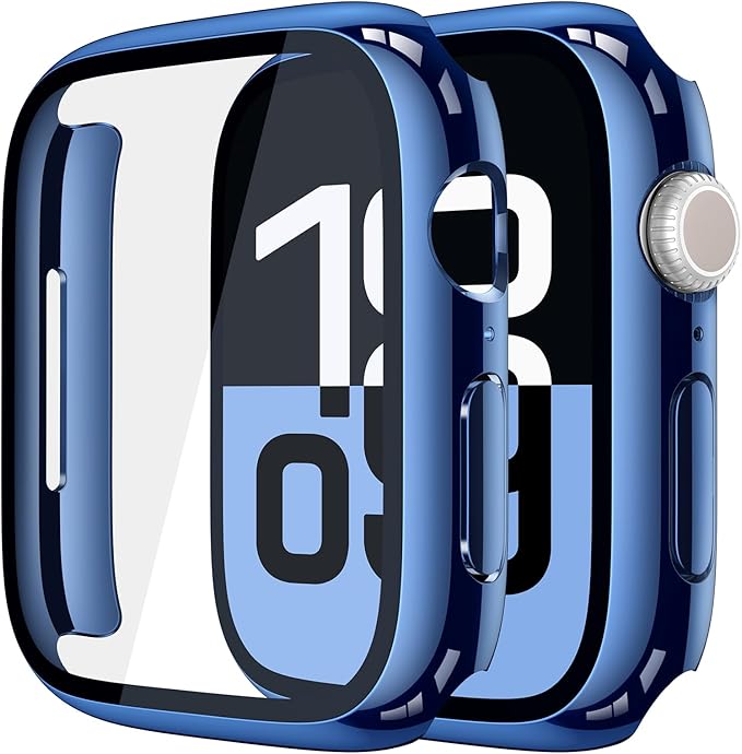 Misxi 2 Piezas Funda Protectora de PC con Protector Pantalla de Vidrio Templado para Apple Watch Series 10 42mm, Ultrafino Anti-caída Cubierta de Protección para iWatch, 1 Azul + 1 Transparente