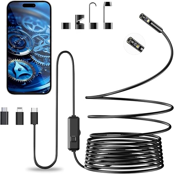 Vexloria Endoscope D'inspection, Cámara Endoscopique 1920P HD Serpent Double Objectif, Endoscope Type C, IP68 Etanche Caméra con 8 Lumières LED para Smartphone Android et iOS, iPhone, iPad (5 M)