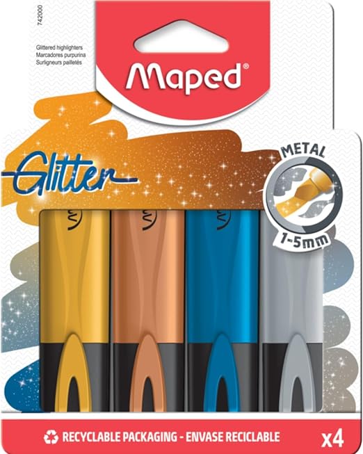 Maped - 4 Surligneurs Fluo Peps Glitter - Couleurs Brillantes Métal - Confort d'Écriture sur Tous Types de Papier - Surligneurs à Paillettes Or, Argent, Cuivre, Bleu - Pochette Réutilisable