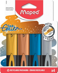 Maped - 4 Surligneurs Fluo Peps Glitter - Couleurs Brillantes Métal - Confort d'Écriture sur Tous Types de Papier - Surligneurs à Paillettes Or, Argent, Cuivre, Bleu - Pochette Réutilisable