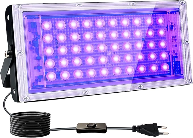 Indmird Luz Negra Ultravioleta 50W, Foco Luz UV con Enchufe,395-400nm Luz Negra UV IP66 Impermeable Luces Ultravioleta para GLOW Fiesta,Bar,Halloween,Fiesta,Neón,Black light Party,Discoteca