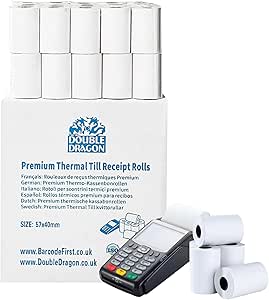 Double Dragon, rouleau de papier thermique premium de 57 x 40 mm pour reçu de caisse pour machine à cartes de crédit PDQ, POS, EPOS [Paquet de 20]