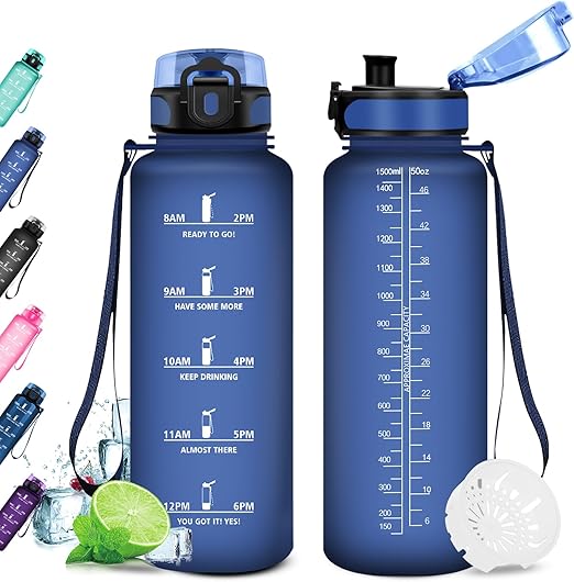 KollyKolla Botella Agua Deporte 500ml/1L/1.5L, Botella de Agua Prueba de Fugas, con Marcador de Tiempo de Motivación, Cantimplora para Niños, Adulto, Gimnasio, Bicicleta, Escuela, Oficina, Gym