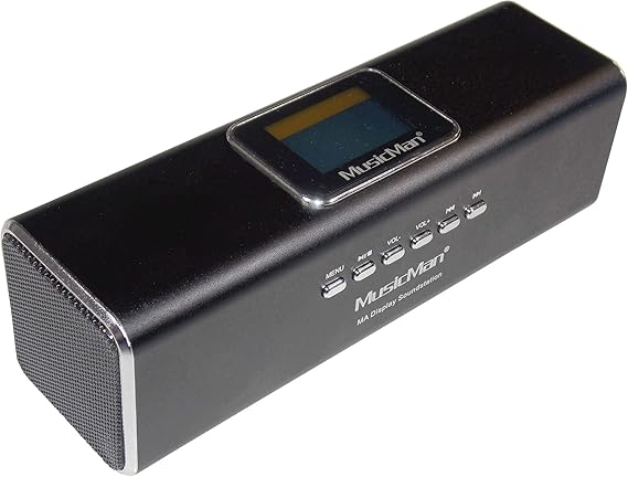 MusicMan MA Soundstation (3547) – Altavoz Estéreo Portátil con Pantalla LCD – Reproductor MP3, Radio FM, Puerto USB & MicroSD – Batería Recargable – Entrada AUX – Diseño de Aluminio Compacto (Negro)