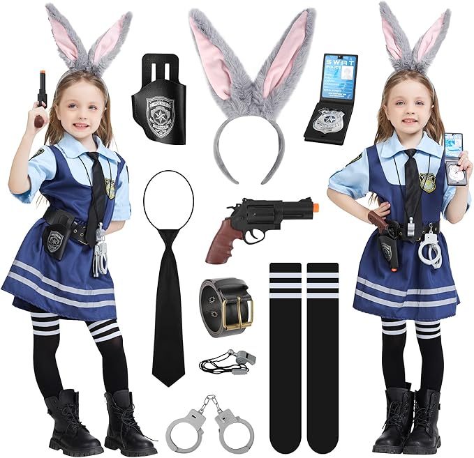 BuntWunder Disfraz Policia Conejo Niña con Orejas de Conejo Funda, Esposas, Pplaca de Policía Silbato Calcetines, Juguete de Policía para Carnaval Halloween Fiesta (120)