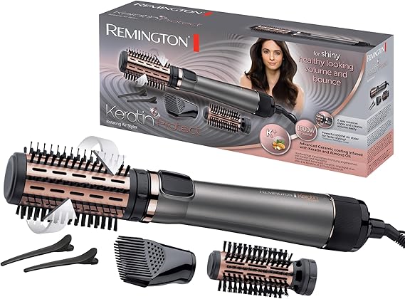 Remington Cepillo de Aire Voluminizador Giratorio Keratin Protect Moldeador de Pelo, Queratina y Aceite de Almendra, Cepillo Secador, 3 Accesorios, Cerámica, 1000 W, 2 Temp/Velocidades AS8811 Gris