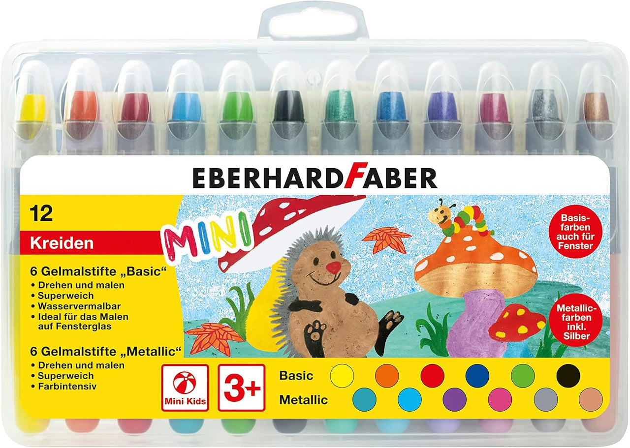 Eberhard Faber 529112 - Crayones de gel Basic y Metallic con mina blanda y funda deslizante, 12 crayones de gel en estuche de cartón