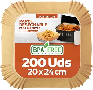 PORTENTUM Papier cuisson air fryer - 200 piezas apte au contact alimentaire, 20×24 cm, adapté friteuses 5–8 L, parfait para recettes équilibrées