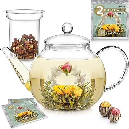 Teabloom Tetera de Cristal Modelo Celevration con Infusor Extraíble – Segura para Hornillo y Microondas - Tetera para Té de Hojas (1.2 L) - Incluye 2 Flores de Té