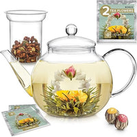 Teabloom Tetera de Cristal Modelo Celevration con Infusor Extraíble – Segura para Hornillo y Microondas - Tetera para Té de Hojas (1.2 L) - Incluye 2 Flores de Té