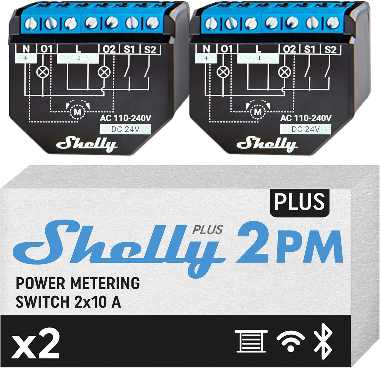 Shelly Plus 2PM - Interruptor Inteligente WiFi & Bluetooth, para Cortinas y Persianas, 2 Canales - 16A, Medición de Energía y Temporizador, Control Remoto por Teléfono, Alexa y Google Home (2 Piezas)