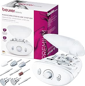 Beurer MP 100 Estación profesional de manicura/pedicura eléctrica, 10 accesorios de zafiro y fieltro, torno de uñas con tapa del polvo de las uñas, hasta 20.000 revoluciones por minuto