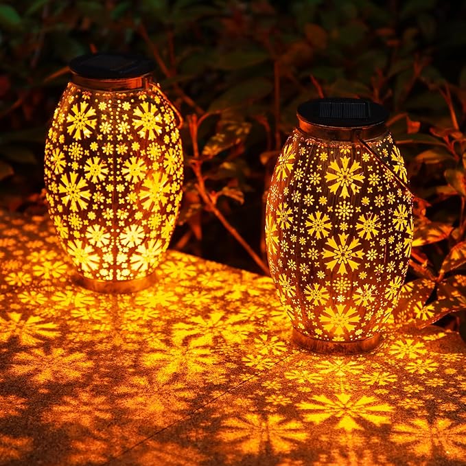 Farolillos Solares Exterior, OxyLED Solar para Exteriores 2 PCS Metal Grande Luces Solares Vintage Decoracion LED Exterior Jardin Lampara para Terraza Arbol Mesa Camping