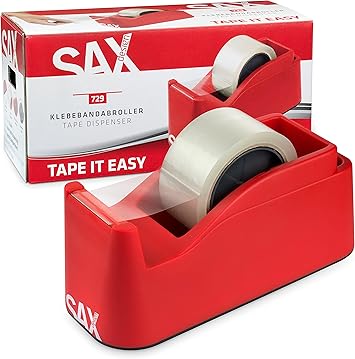SAX Tape it Easy XXL Einhand Klebeband Abroller extra Schwer | für 1x 50mm Band oder 2x 25mm Band, Paketbandabroller mit Stiftehalter Funktion, rutschfest, inkl. doppelseitige Klinge