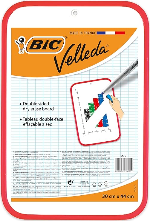 BIC Velleda Pizarra Blanca Pequeña de Doble Cara para Escribir, Óptimo para material escolar y de oficina,Fácil de Borrar, Marco Rojo, 30x44cm