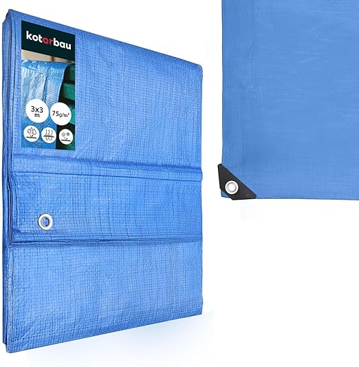 KOTARBAU® Lona Impermeable Exterior - Polietileno - 3x3 m - Azul - 75 g/m2 - Lona Suelo Piscina - Cubierta Reforzada con Ojales - Cubierta de Protección para Jardín - Resistente - Universal
