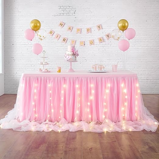 HBBMAGIC Falda de mesa de tul rosado Con luz, 1,83 m faldas de mesa de largo tul para boda, fiesta, cumpleaños, Baby Shower, despedida de soltera, bautismo, banquete