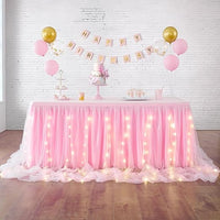 HBBMAGIC Falda de mesa de tul rosado Con luz, 1,83 m faldas de mesa de largo tul para boda, fiesta, cumpleaños, Baby Shower, despedida de soltera, bautismo, banquete