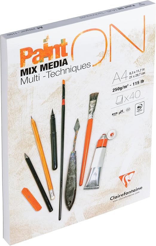 Clairefontaine 96537C Bloc Collé PaintON Multi-techniques - 40 Feuilles Papier Dessin Multi-techniques au Grain Très Léger - Blanc - A4 21x29,7 cm 250g
