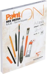 Clairefontaine 96537C Bloc Collé PaintON Multi-techniques - 40 Feuilles Papier Dessin Multi-techniques au Grain Très Léger - Blanc - A4 21x29,7 cm 250g