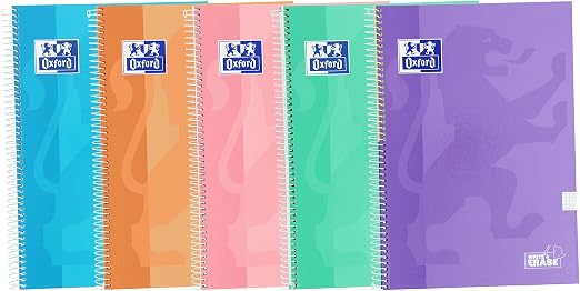 Oxford, Cuadernos A4 (Folio) Cuadrícula 4x4, Tapa Extradura, 80 Hojas, Pack 5 Libretas, Colores Pastel