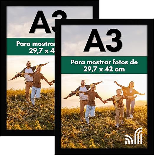 Americanflat Marco de Fotos A3 en Negro - Marcos de Fotos Pared de MDF con Cristal Irrompible y Ganchos para Colgar - Exposición Horizontal y Vertical - 2 Unidades