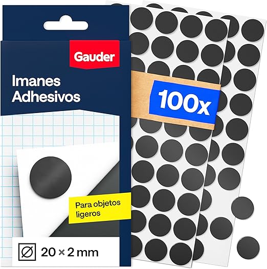 GAUDER Puntos Magnéticos - Imanes Adhesivos Redondos para Manualidades, Nevera, Oficina y Escuela - Parches Autoadhesivos para Notas, Fotos y Objetos Ligeros (100 Unidades - 20 x 2 mm)