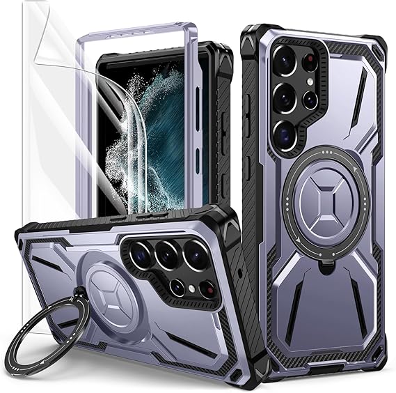 Lanhiem Armor Funda para Samsung Galaxy S22 Ultra, con Soporte Giratorio de 360 Grados y Protector Pantalla, Antigolpes Protección Militar, Resistente Antichoque Carcasa para Samsung S22 Ultra-Morado