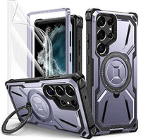 Lanhiem Armor Funda para Samsung Galaxy S22 Ultra, con Soporte Giratorio de 360 Grados y Protector Pantalla, Antigolpes Protección Militar, Resistente Antichoque Carcasa para Samsung S22 Ultra-Morado