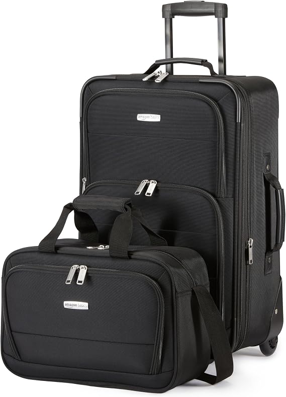 Amazon Basics Juego de Equipaje Blando de 2 Piezas, Maleta de Mano Expandible (58 cm) y Bolsa de Mano (25 cm), Ligeros, 100% Poliéster, Apilable, Negro