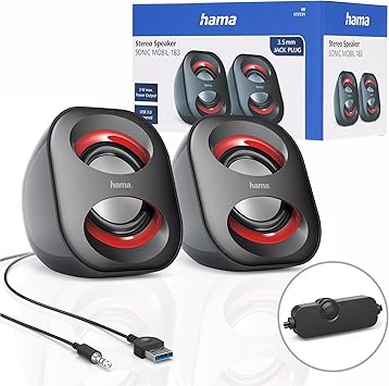 Hama PC Lautsprecher Sonic Mobil 183 (USB 3.0, 3,5 Mm Klinke, 3 W, Aktive Boxen Für Computer, Laptop, Notebook, Smartphone, Tablet) Schwarz/rot
