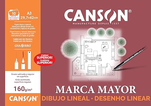 Canson Dibujo Lineal, Papel de dibujo blanco, Suave, 160gsm, Minipack, A3-29,7x42cm, Blanco, 10 Hojas, El embalaje puede variar