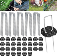 Frasheng Grapas Césped Artificial, 100 Grapas para Jardín y 30 Arandelas, 150x30x3mm, Acero Galvanizado, Grapas para Malla Antihierba, Cesped Artificial y Jardin
