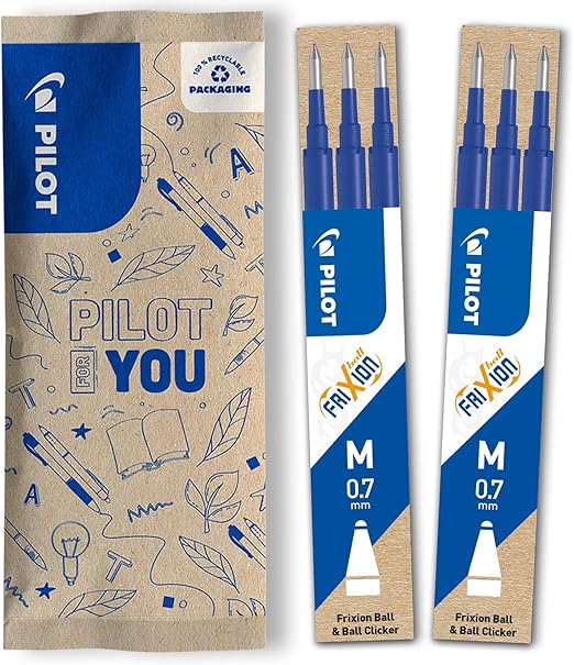 PILOT Caja de 2 set de 3 Recambios FriXion - Recambios para Bolígrafos borrables - Compatible con FriXion Ball y FriXion Ball Clicker - Azul - Punta Media (6 recambios)